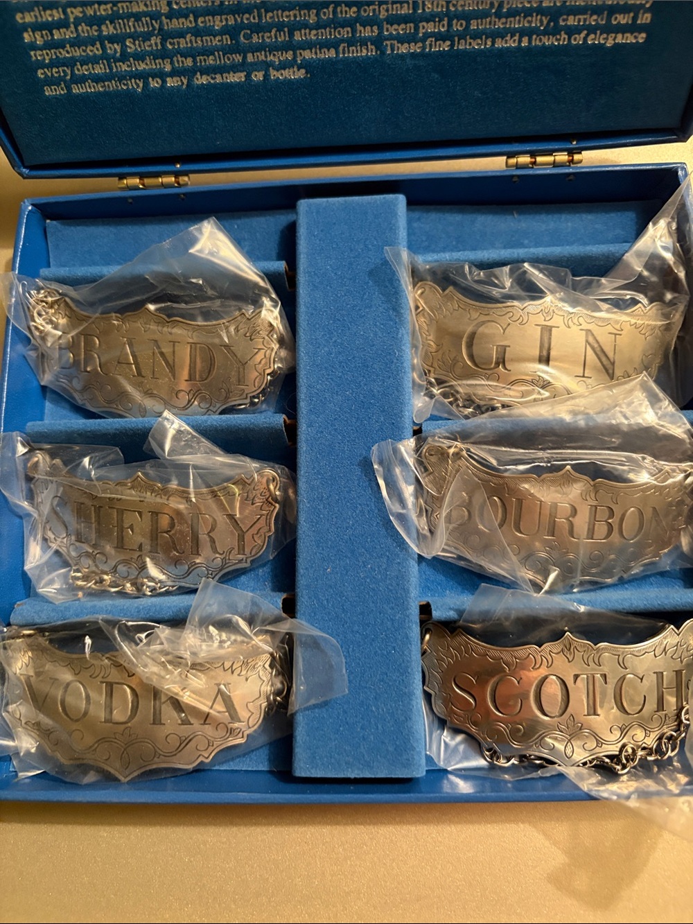 Pewter decanter labels. Historic Newport by Stieff Company. New in original box.